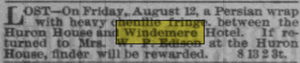 Gratiot Inn (Windemere Hotel) - Aug 1887 Ad For Windemere